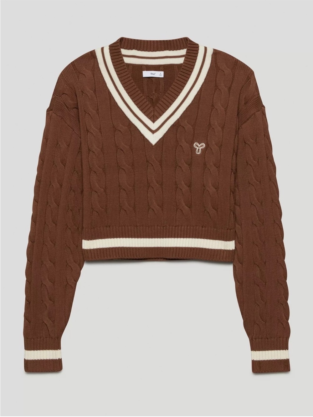 TNA Aritzia Cropped Cable Knit V-Neck Cropped Sweater in Brown with Trim